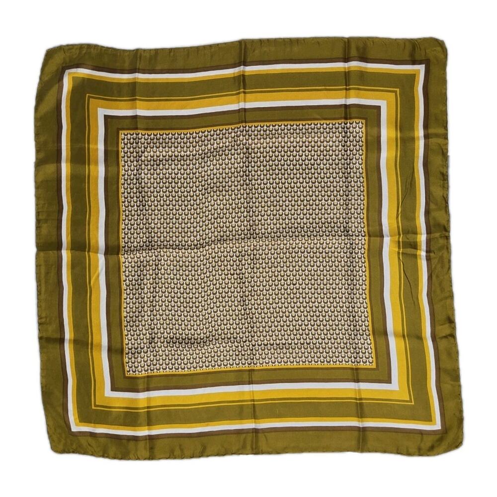 VTG 100% Silk Mod Olive Mustard Geometric 26x26 Square Scarf Retro Mod Wrap
